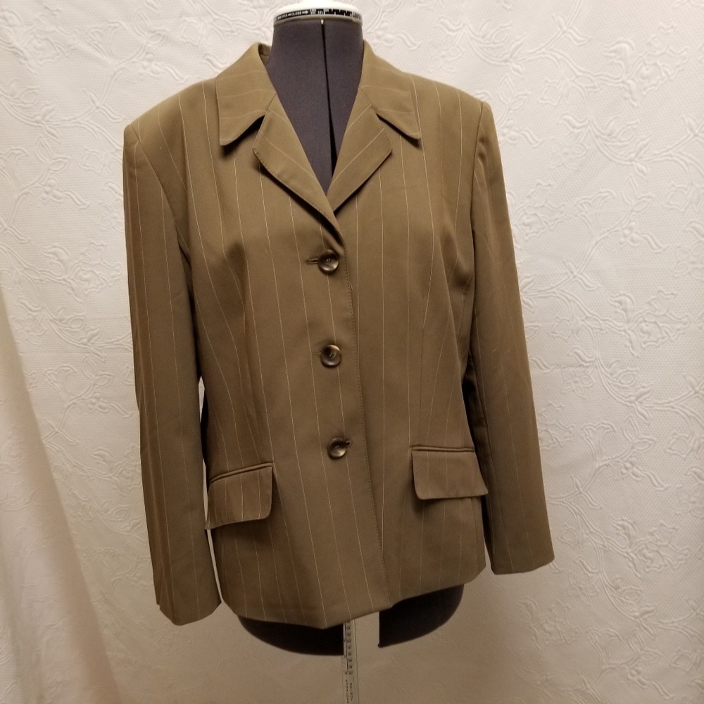 Taupe pinstripe suit, slacks and jacket, size 16